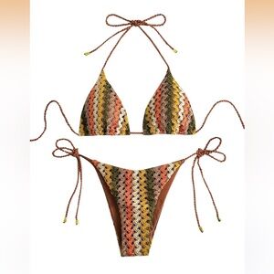 ZAFUL Women's Stripes Triangle Halter Tied Cheeky Thong Bikini Set Coffee M/0223